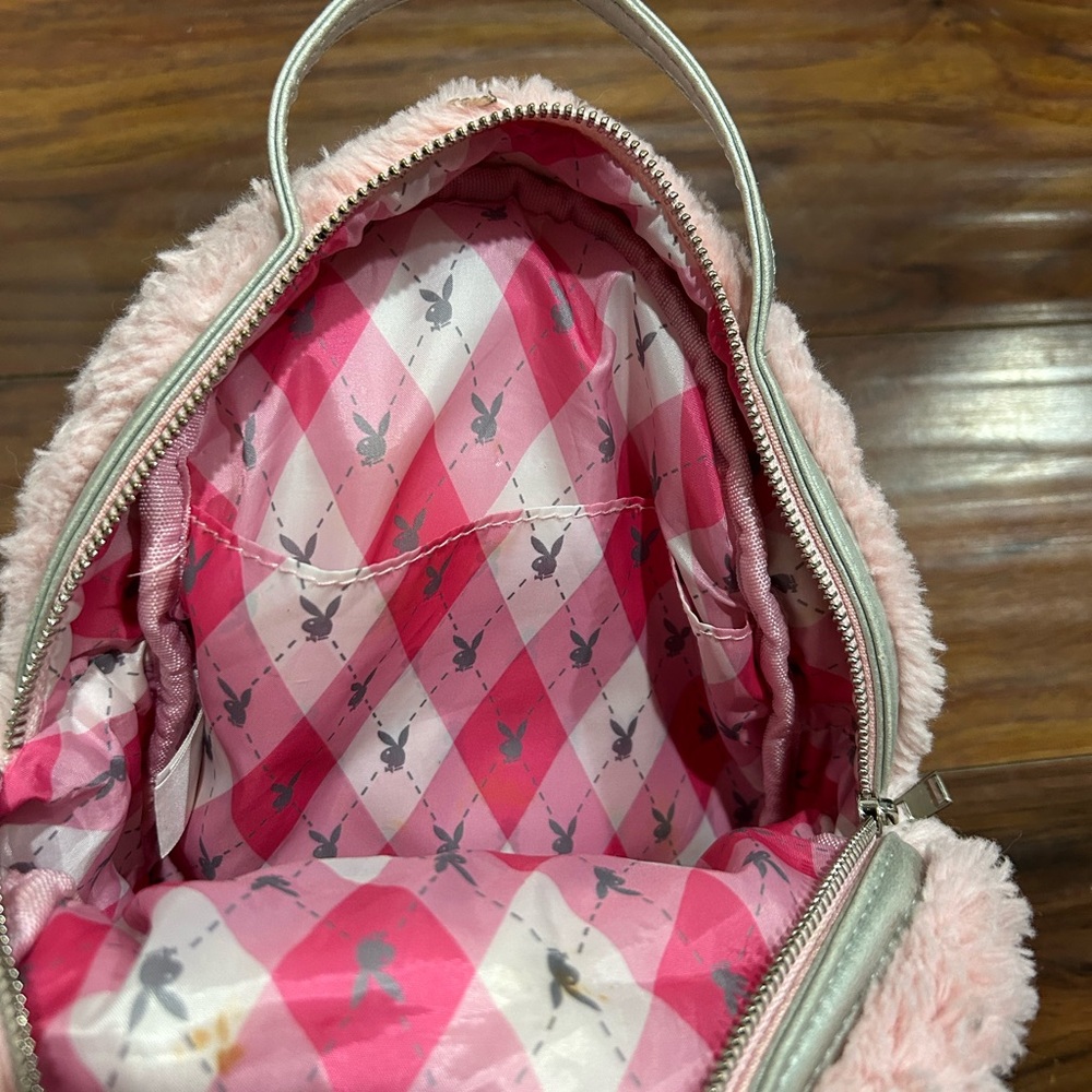PLAYBOY Pink Furry Backpack Small, zip up, flaws, vintage Y2K - Picture 6 of 11